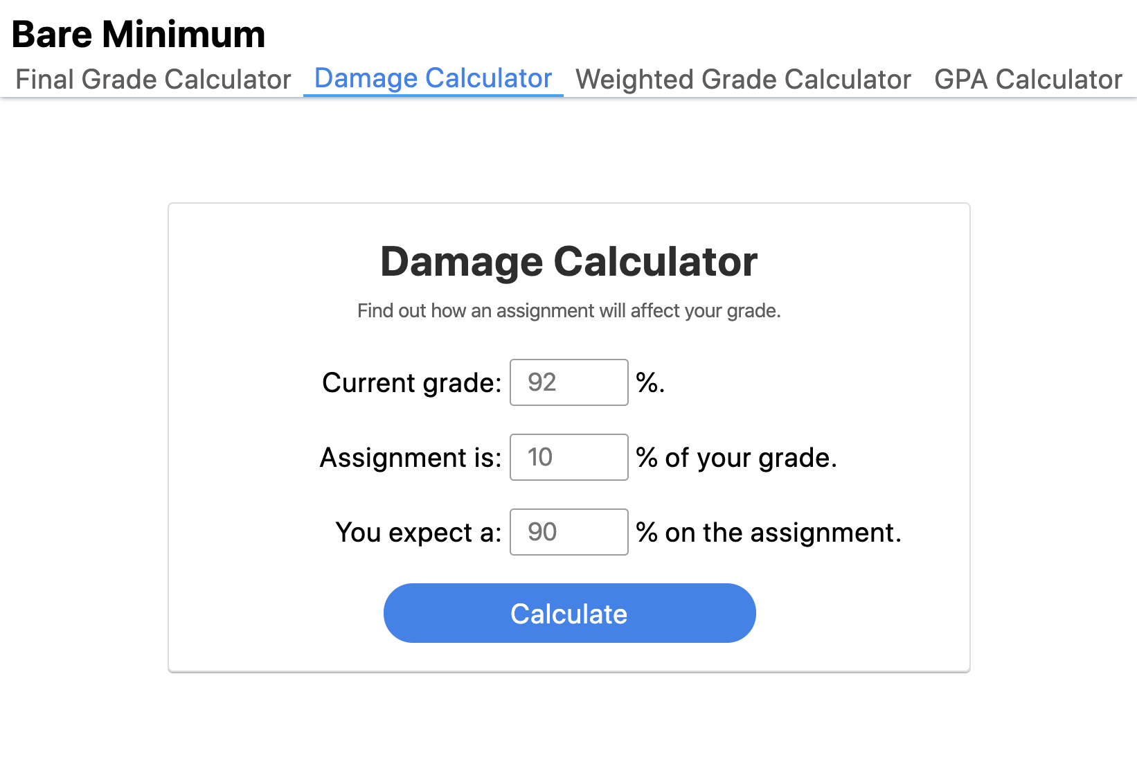 Bare Minimum  Damage Calculator